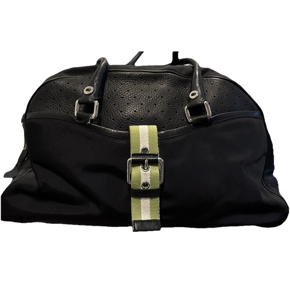 Vintage Cole Haan Black Leather Green White Strap Travel Overnight Gym‎ Bag - Picture 4 of 10